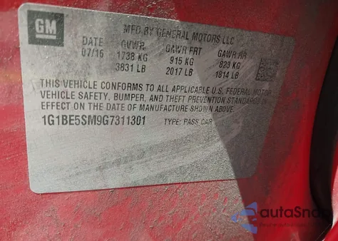 2016 Chevrolet Cruze Lt Auto из США, поврежденный, VIN 1G1BE5SM9G7311301